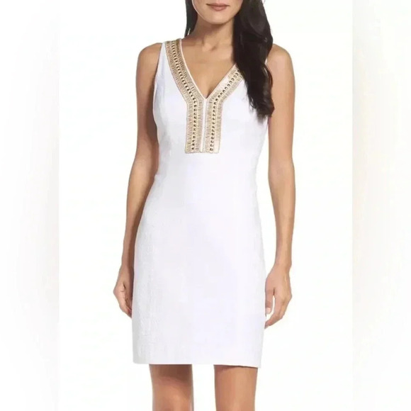 LILLY PULITZER White Gold Embellished Eliot Textured V-Neck Shift Dress Sz 4 - Picture 13 of 13